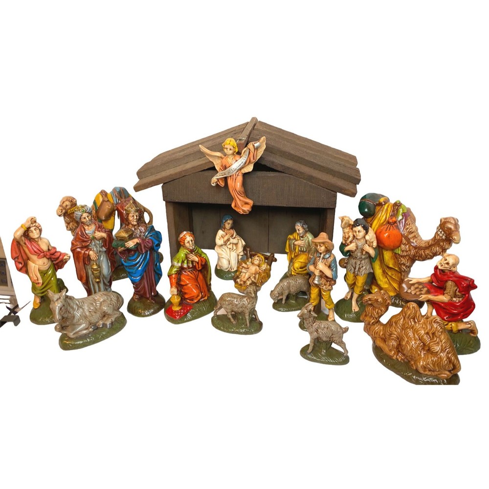 Vintage 20 Piece Atlantic Mold Nativity Set Plus Stable 1970s Ceramic